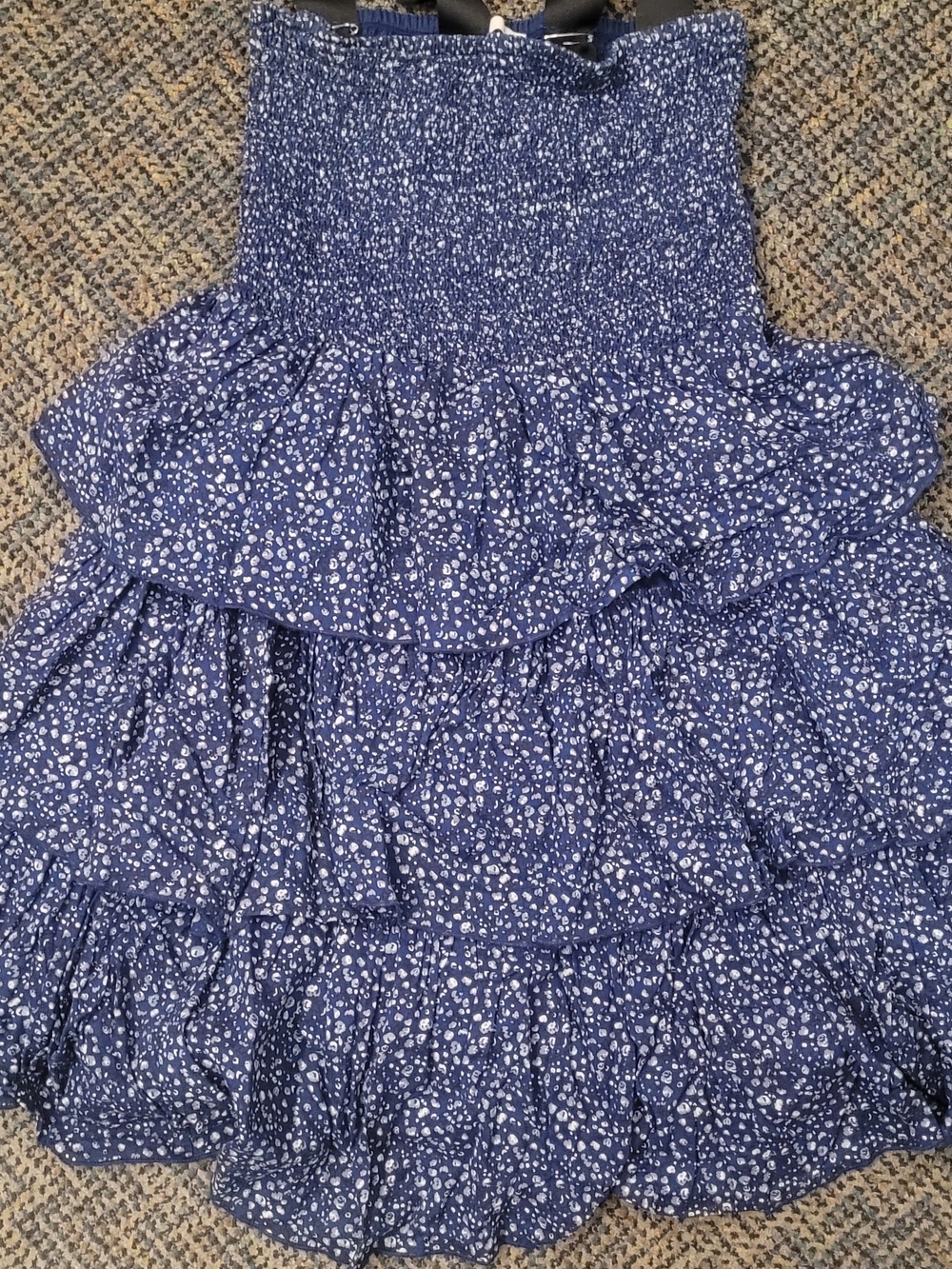 Navy Blue Smocked Tiered Ruffle Dress with White Floral Print